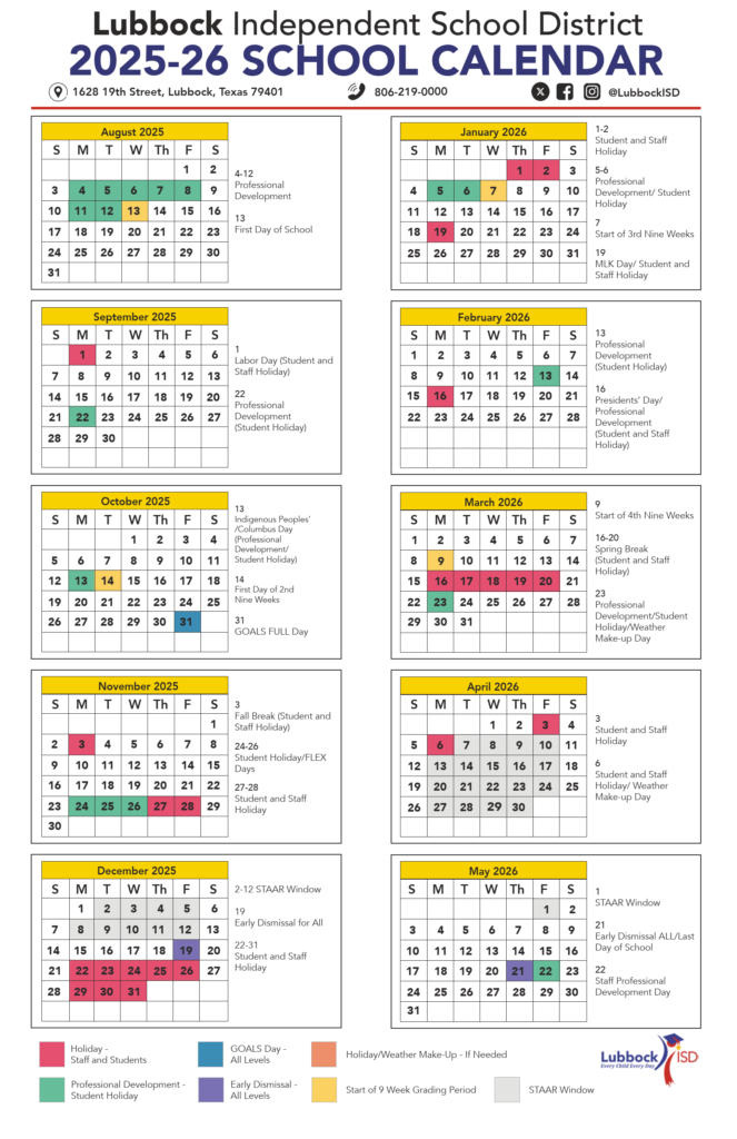 LUBBOCK ISD SCHOOL CALENDAR PDF 25-26