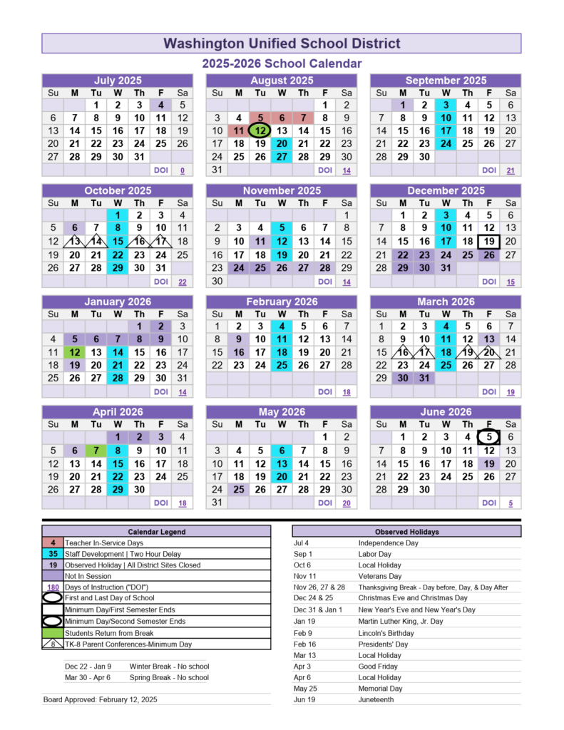 Washington USD Fresno Calendar
