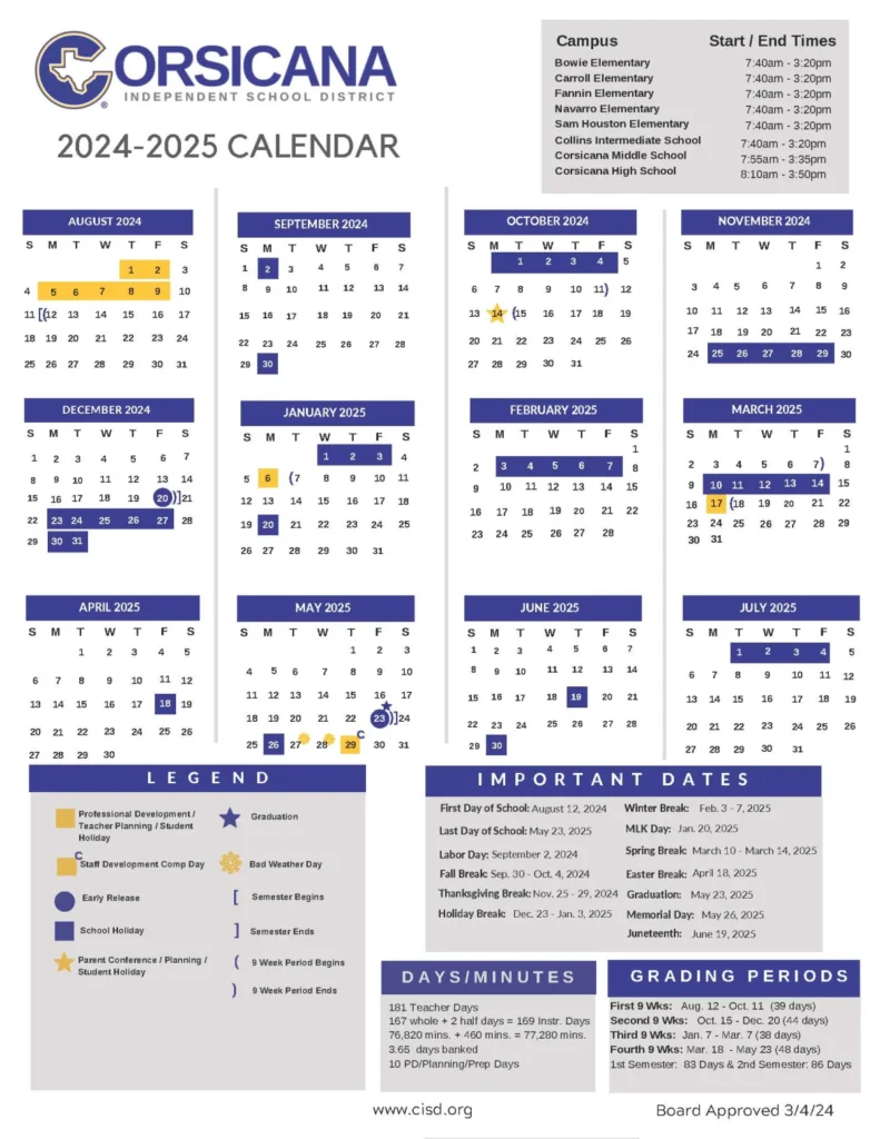 Corsicana ISD School Calendar 24-25