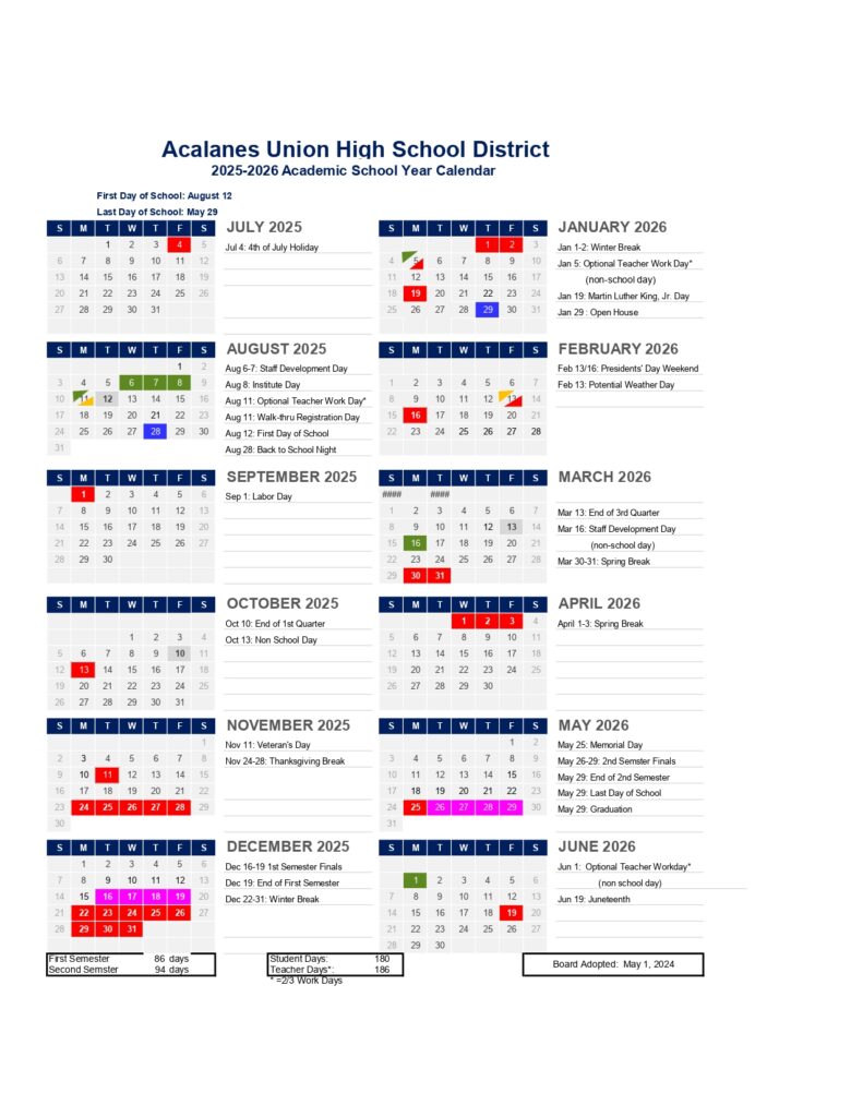 Acalanes Union High School District 2025-2026 Calendar
