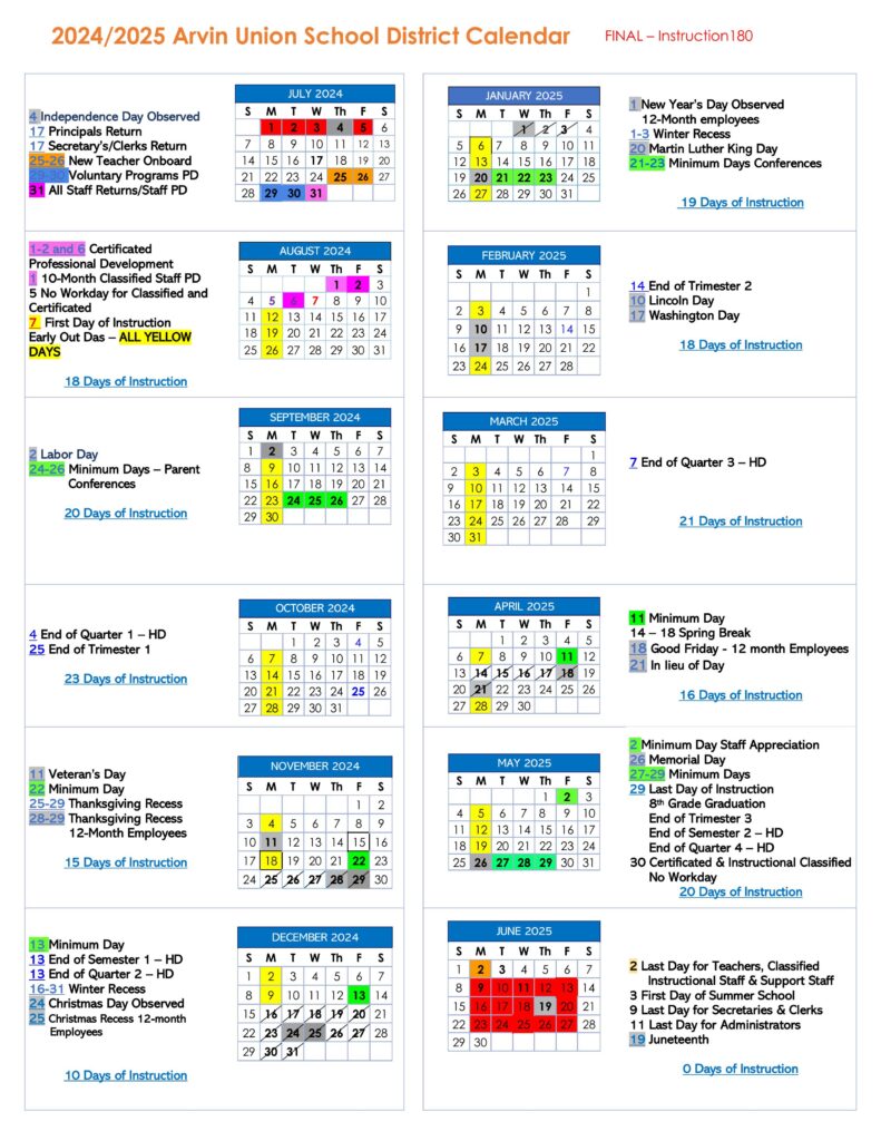 Arvin Union School District Calendar 24-25