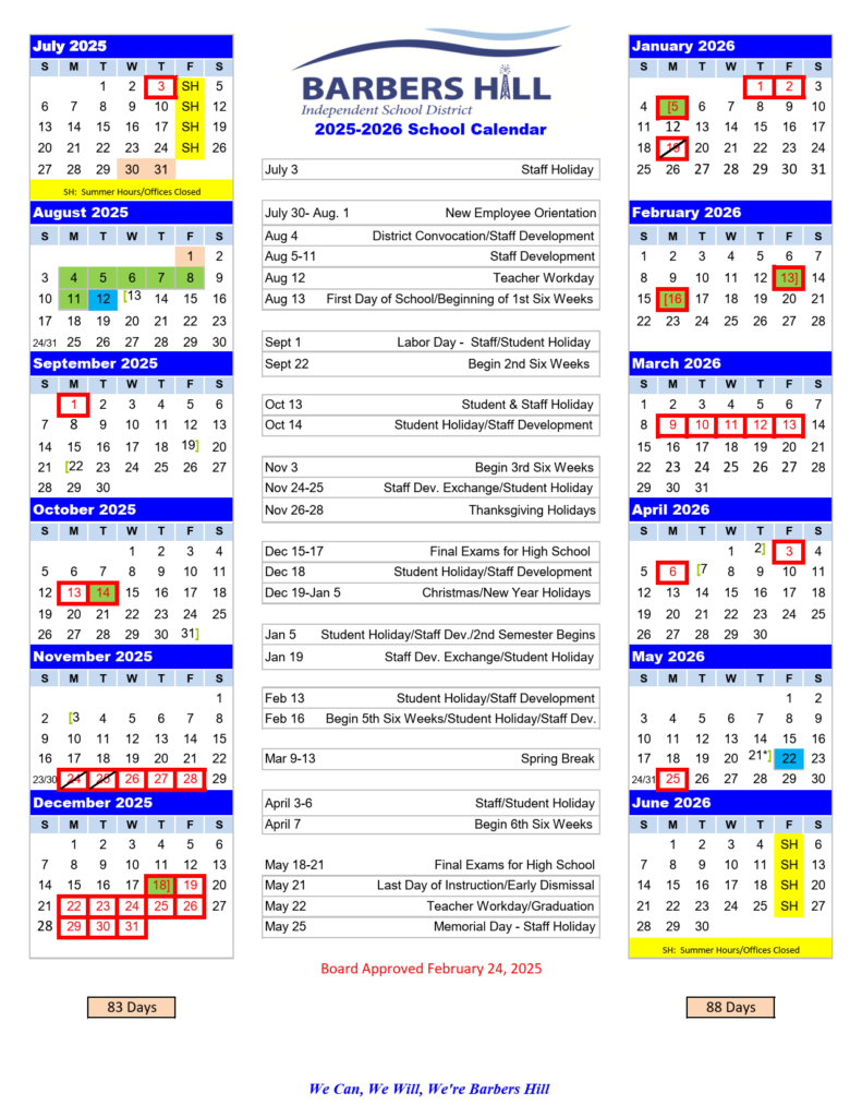 Barbers hill ISD school calendar