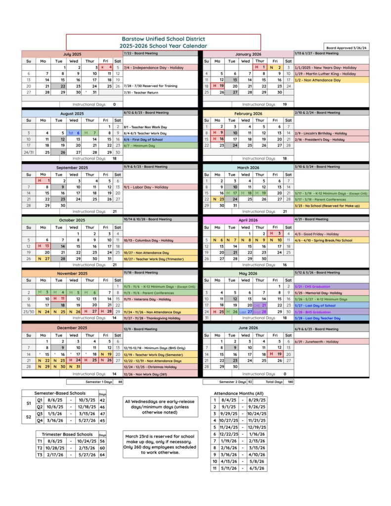 Barstow Unified School District Calendar 25-26