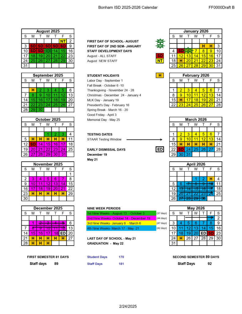 Bonham ISD School Calendar25-26