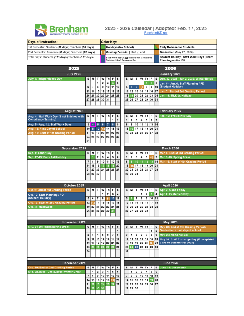Brenham ISD School Calendar 25-26