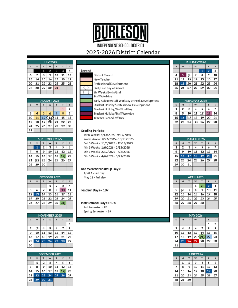 Burleson ISD School calendar 25-26