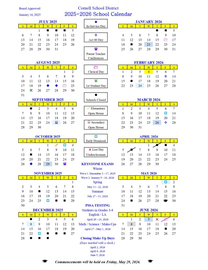 Cornell School District calendar 25-26