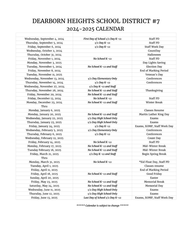 Dearbork Heights School District 7 Calendar 24-25