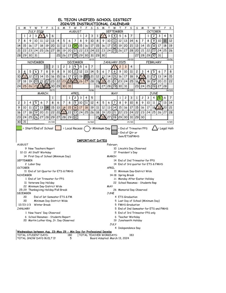 el tejon unified school calendar 24-25