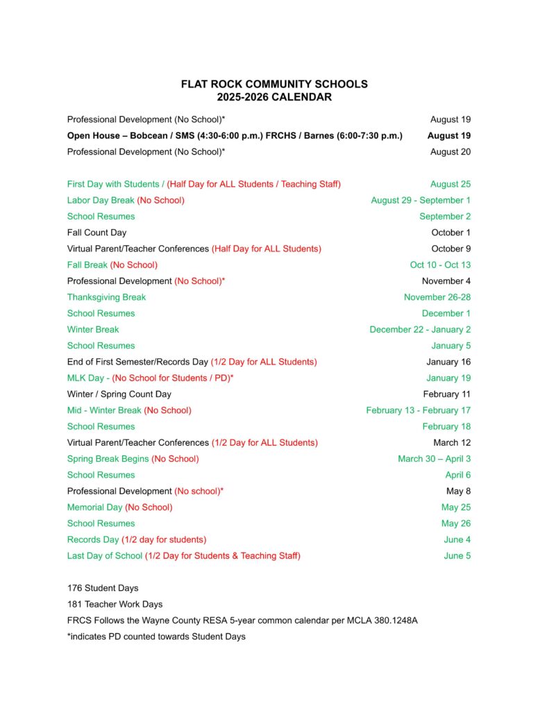 Flat Rock Community Schools Calendar