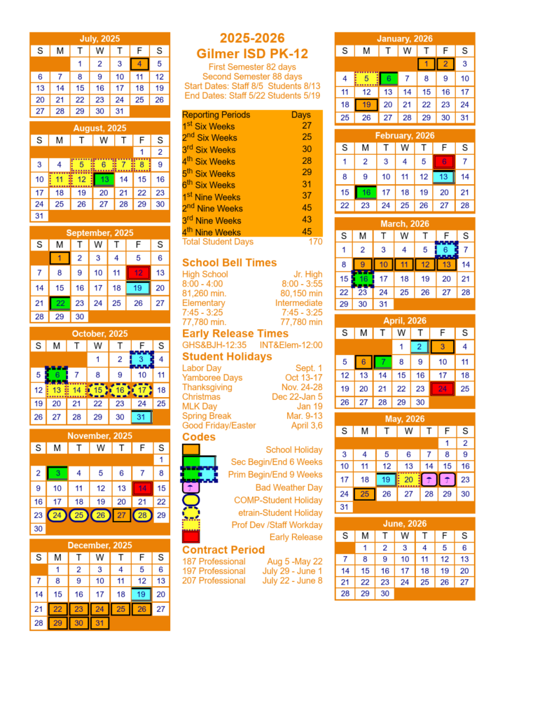 GILMER ISD School Calendar 25-26