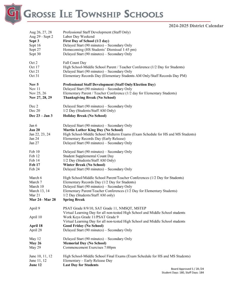 Grosse ILE Township Schools Calendar 24-25