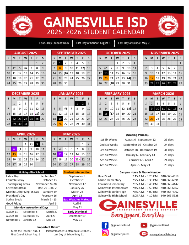 Gainesville ISD School Calendar 25-26