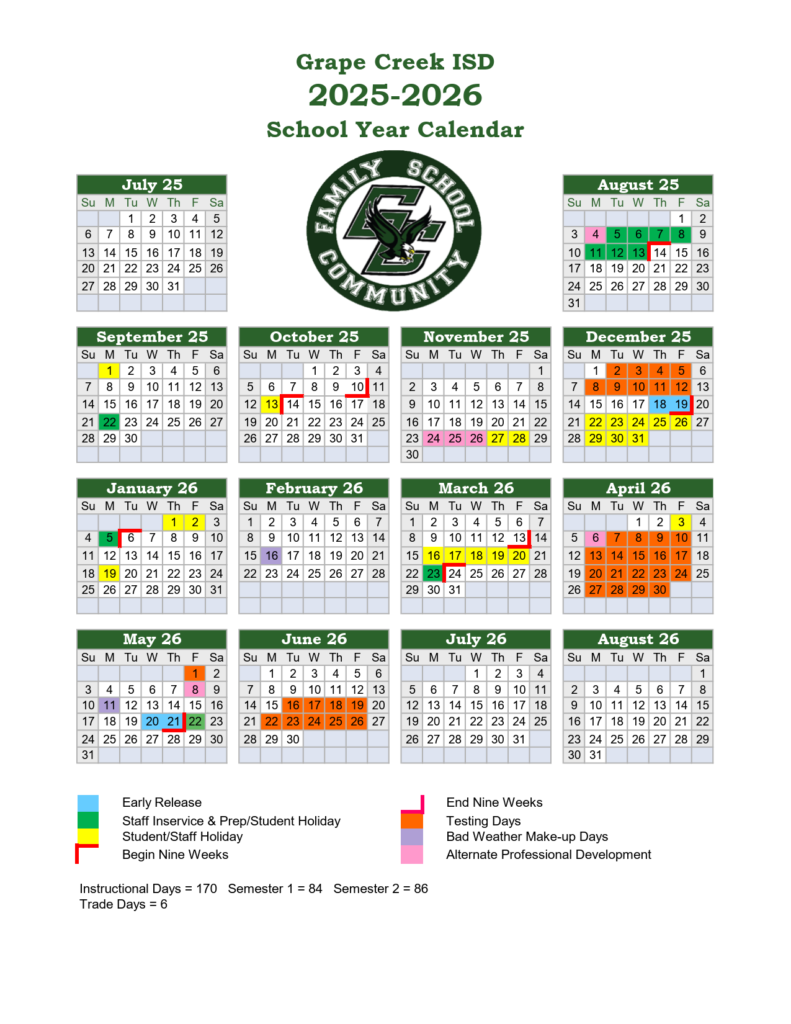 Grape Creek ISD School Calendar gcisd