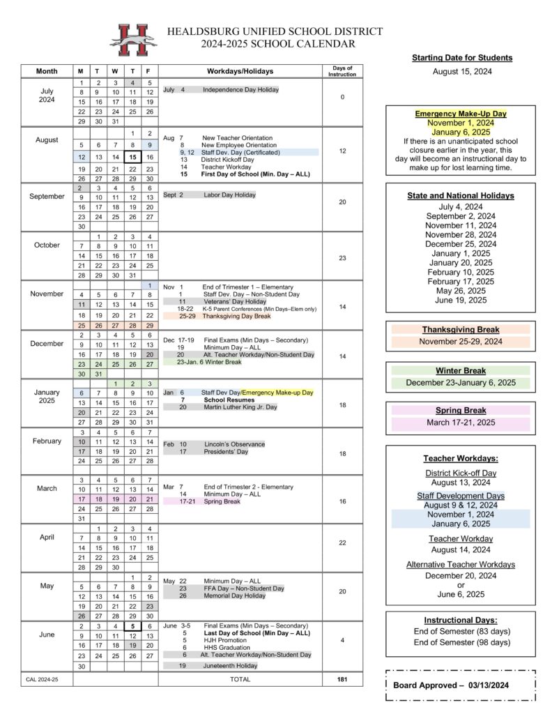 healdsburg usd unified school district calendar