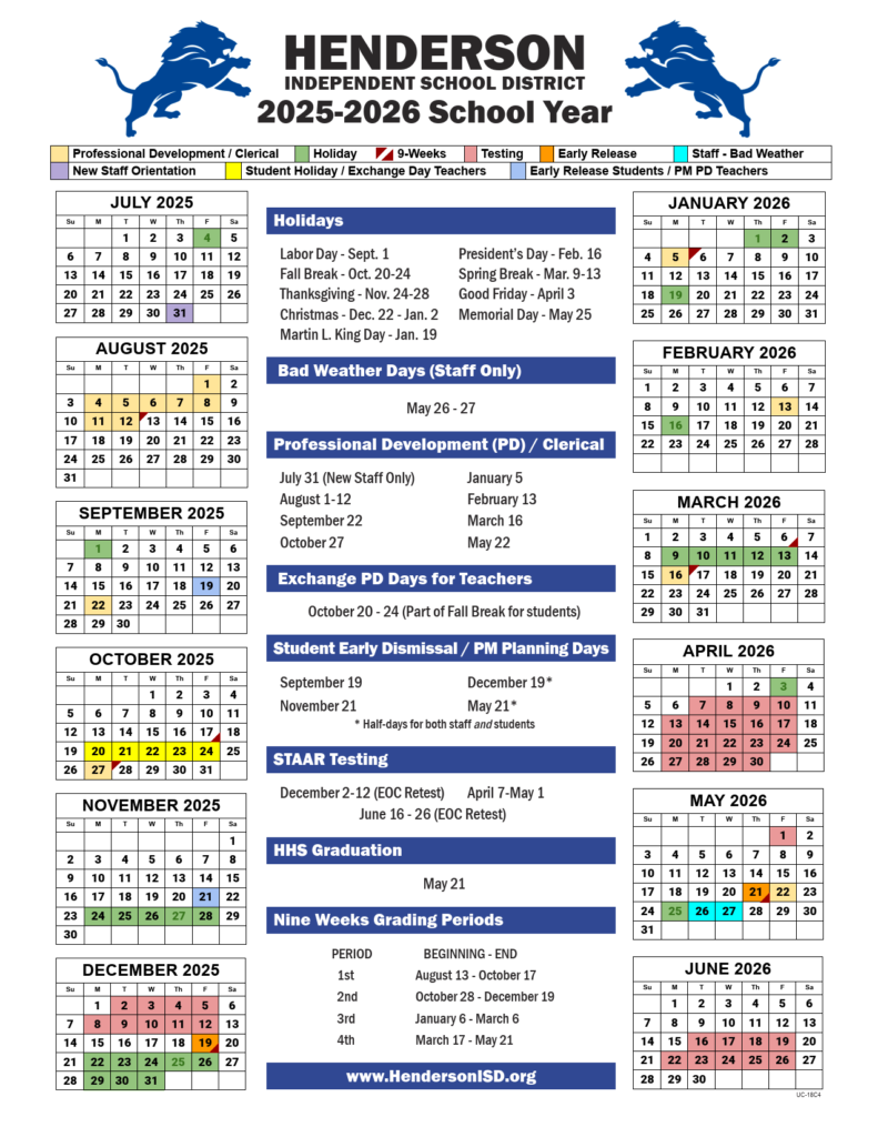 HENDERSON ISD School Calendar 25-26