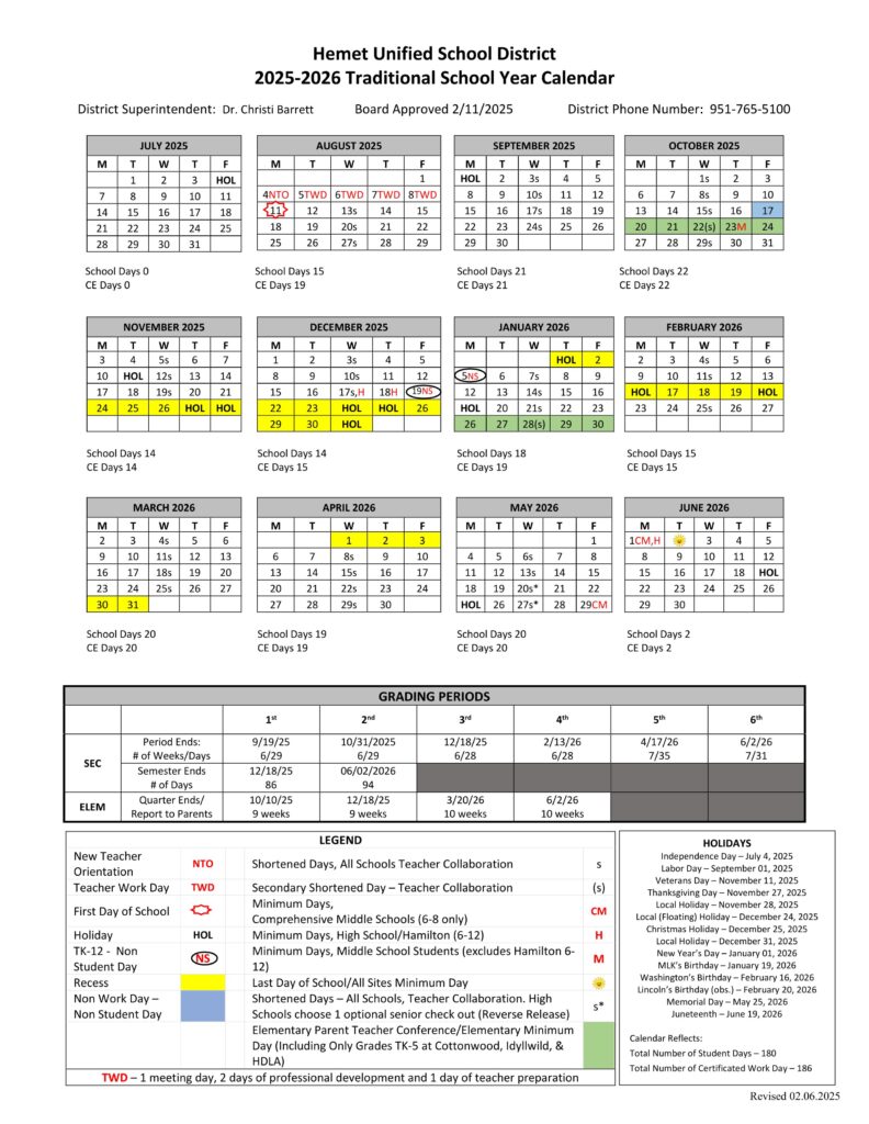 Hemet Unified School District 2025-2026 Calendar