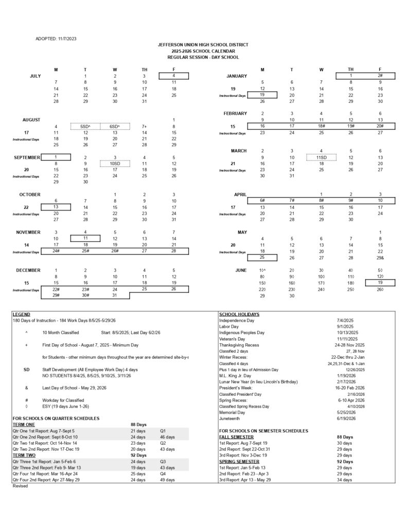 JEFFERSON UNION HIGH SCHOOL DISTRICT CALENDAR 25-26