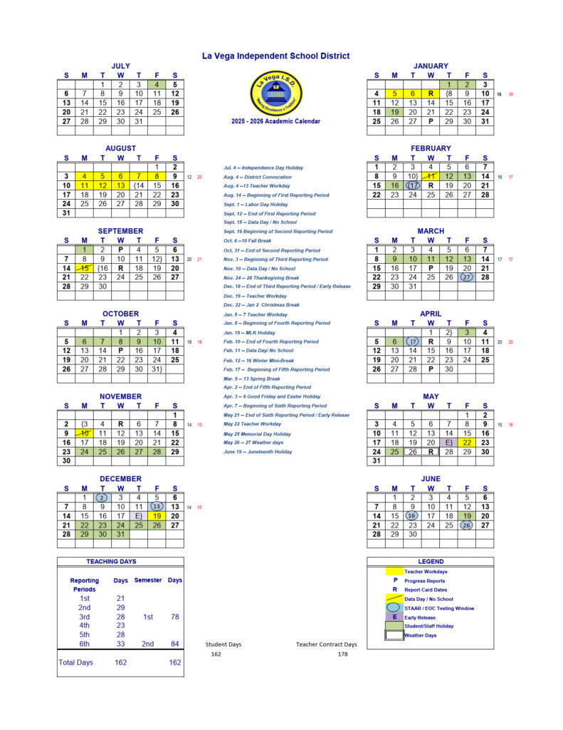 LA VEGA ISD SCHOOL CALENDAR 25-26