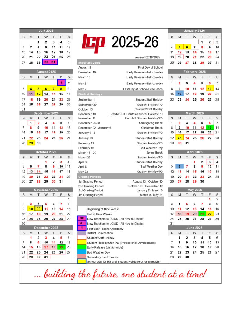 LCISD Lubbock-Cooper ISD School Calendar 25-26