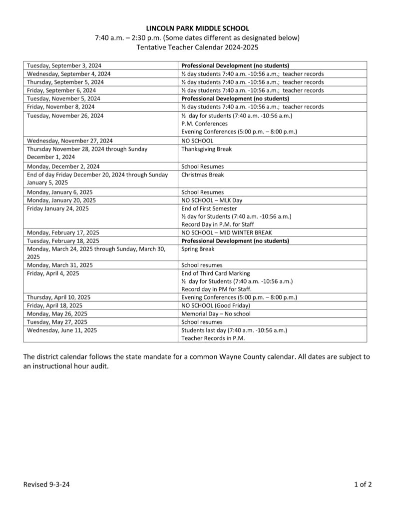 LINCOLN PARK Middle SCHOOL CALENDAR 24-25