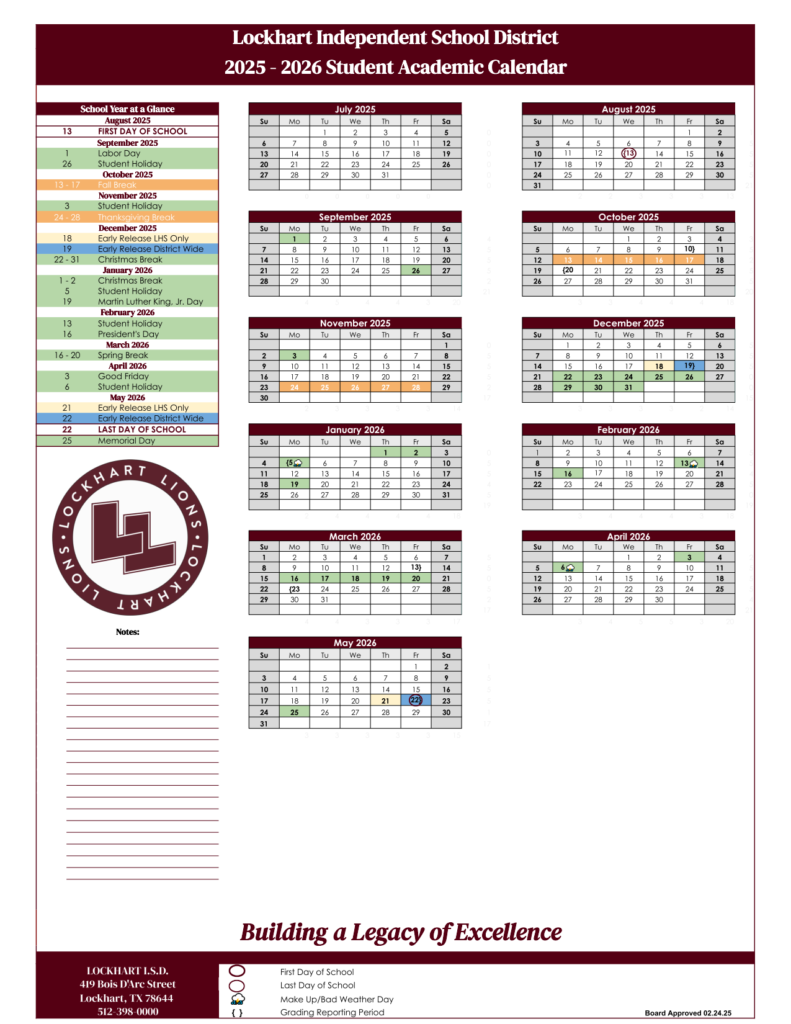 LockHart ISD School Calendar 25-26