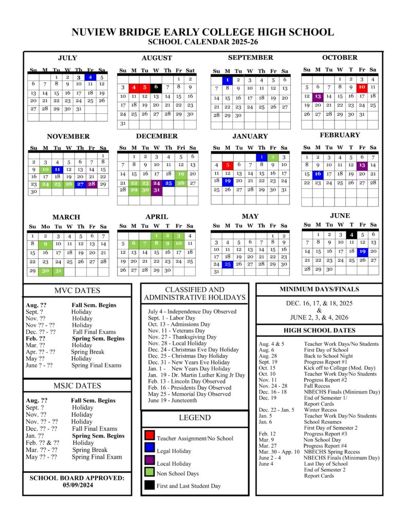 NUVIEW BRIDGE EARLY COLLEGE HIGH SCHOOL Calendar 25-26