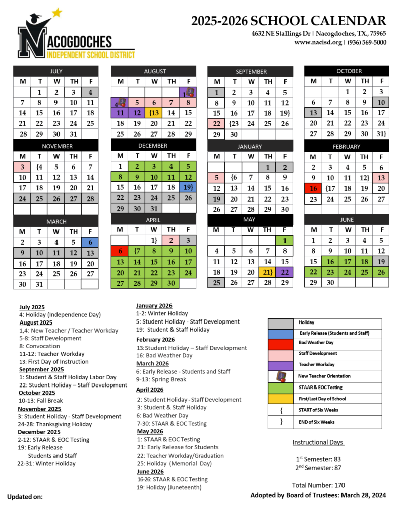 Nacogdoches ISD SCHOOL CALENDAR 25-26