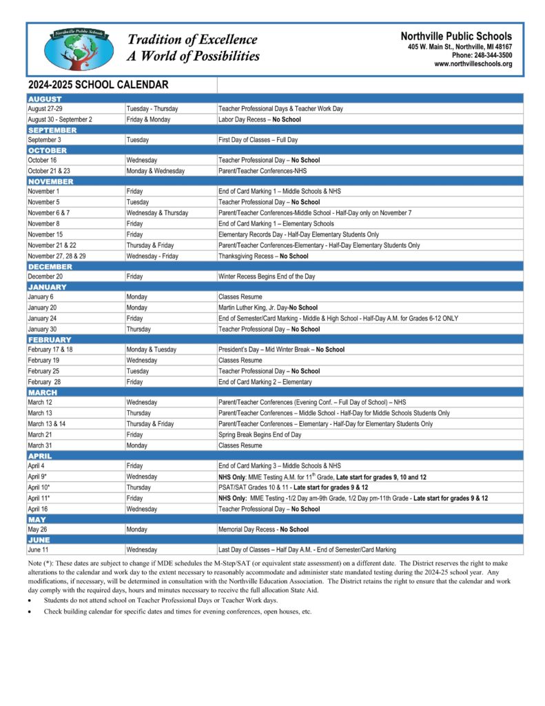 Northville Public Schools Calendar 24-25