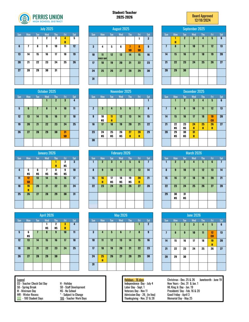 PERRIS UNION HIGH SCHOOL DISTRICT 2025-2026 Calendar
