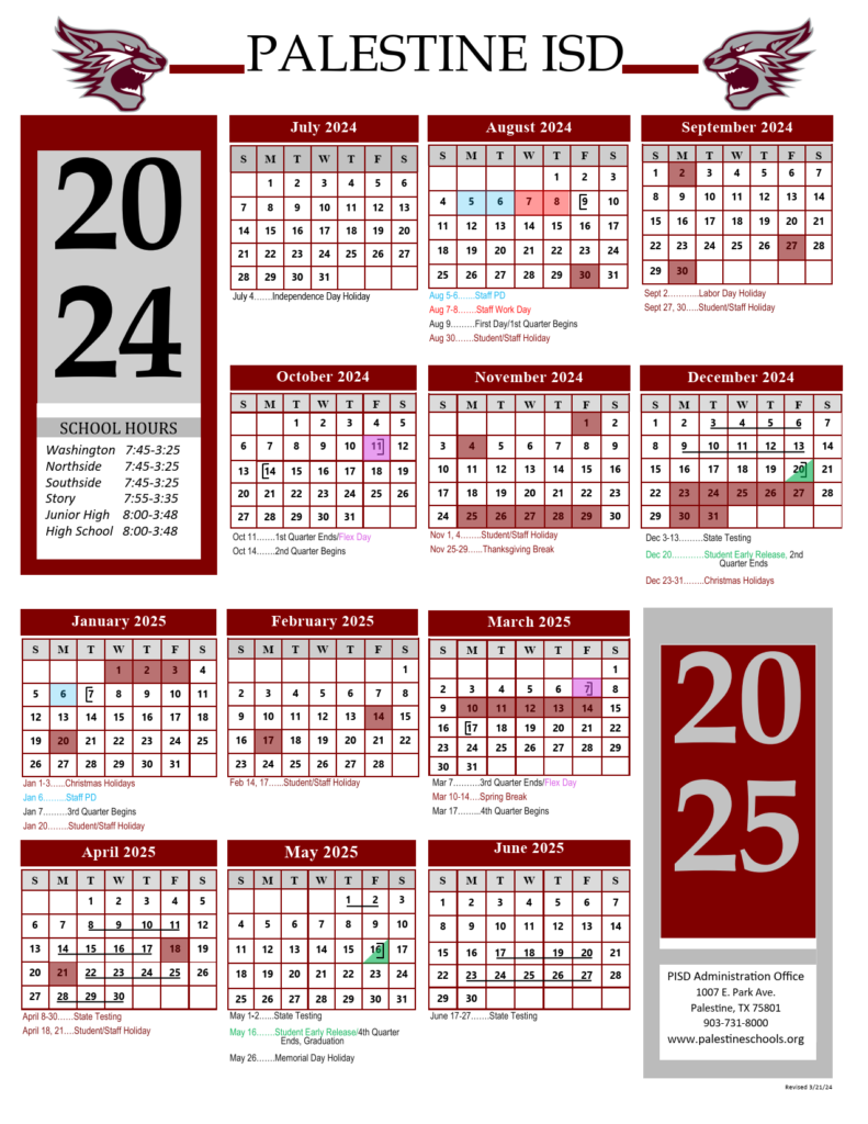 Palestine ISD School Calendar 25-26