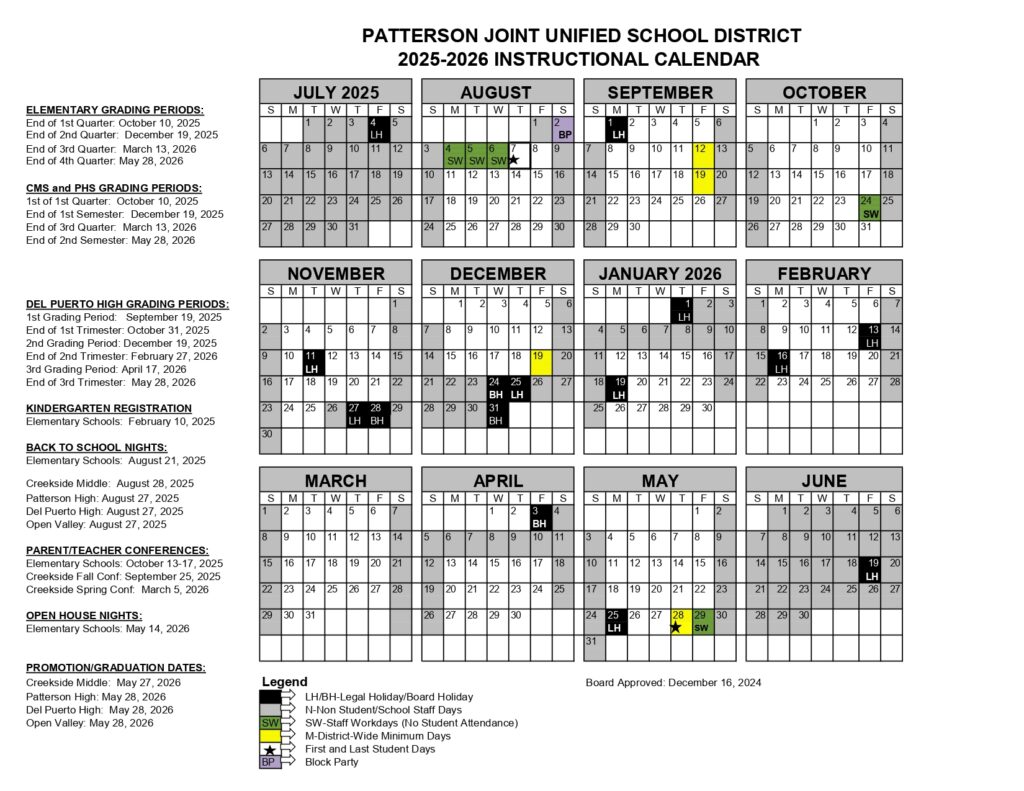 Patterson Joint Unified School District 25-26 calendar