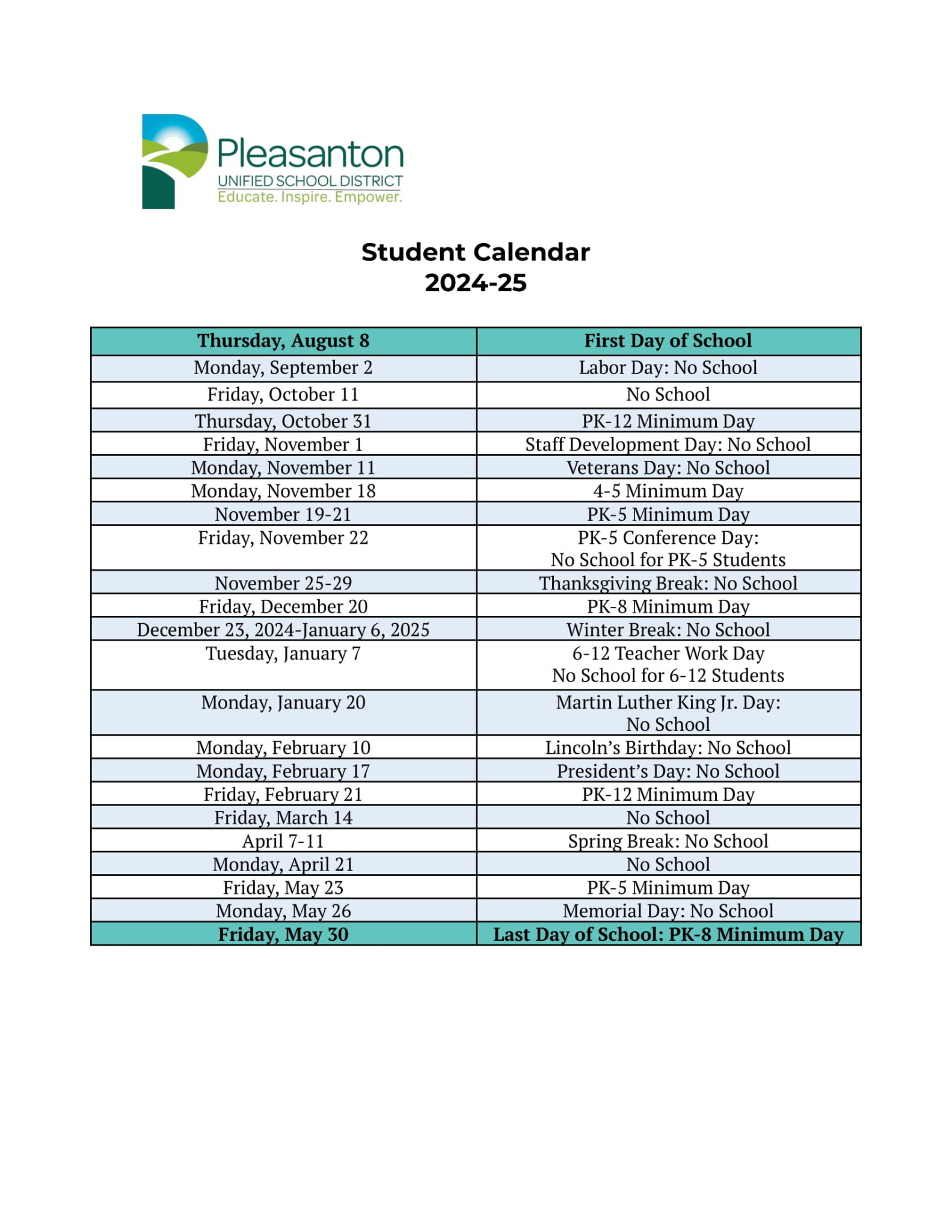 Pleasanton Unified School District Calendar 25 26 PDF EduCounty
