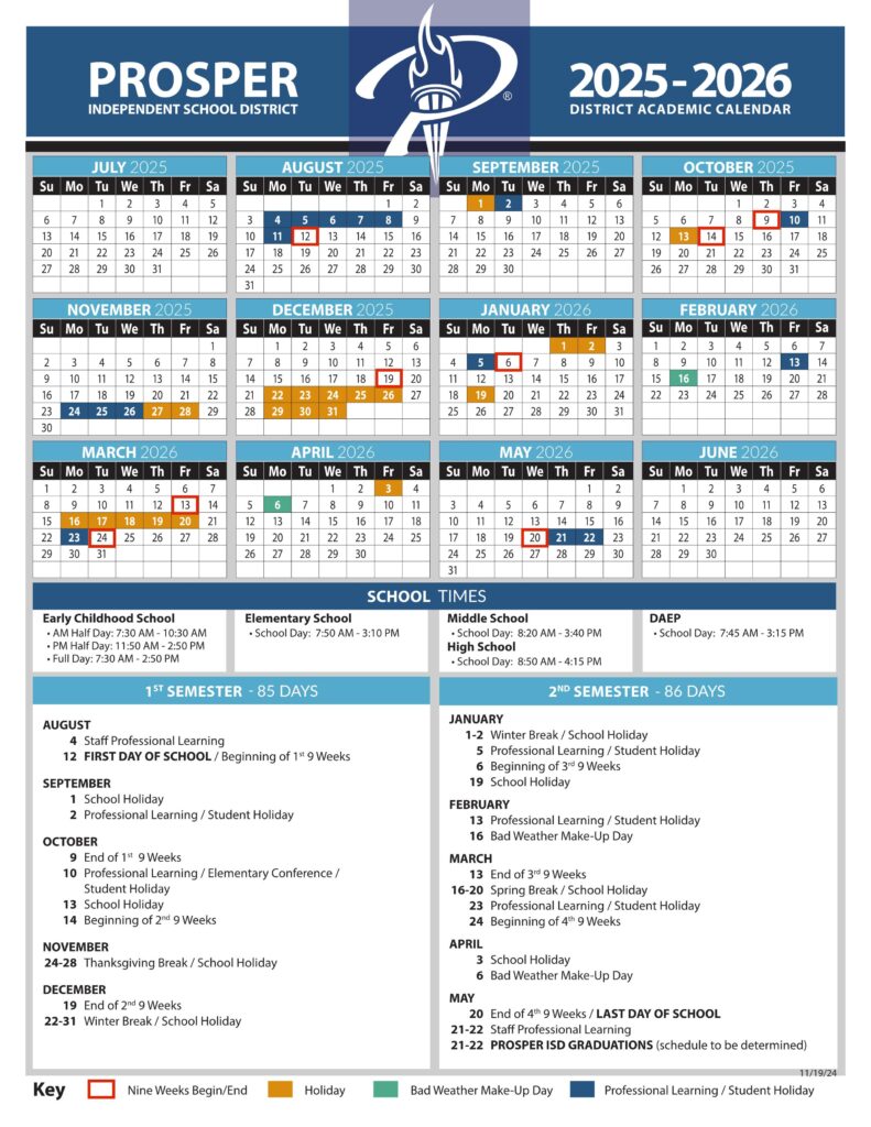 Prosper isd school calendar 25-26