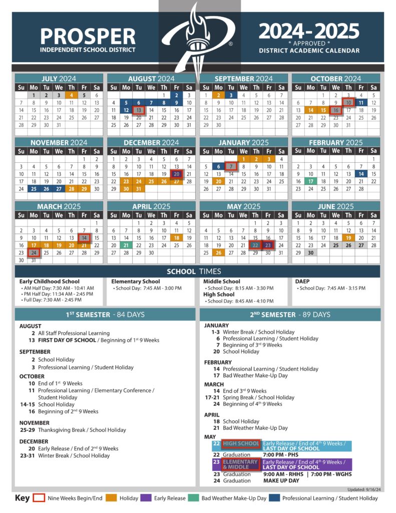 Prosper isd school calendar 24-25