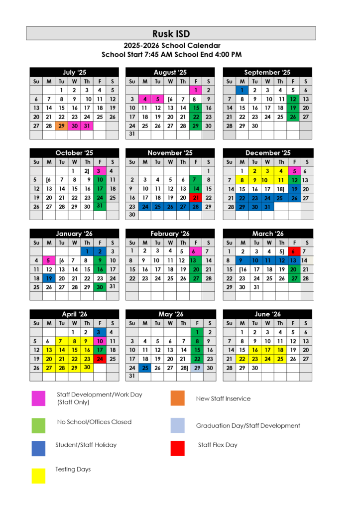 Rusk ISD School Calendar 25-26