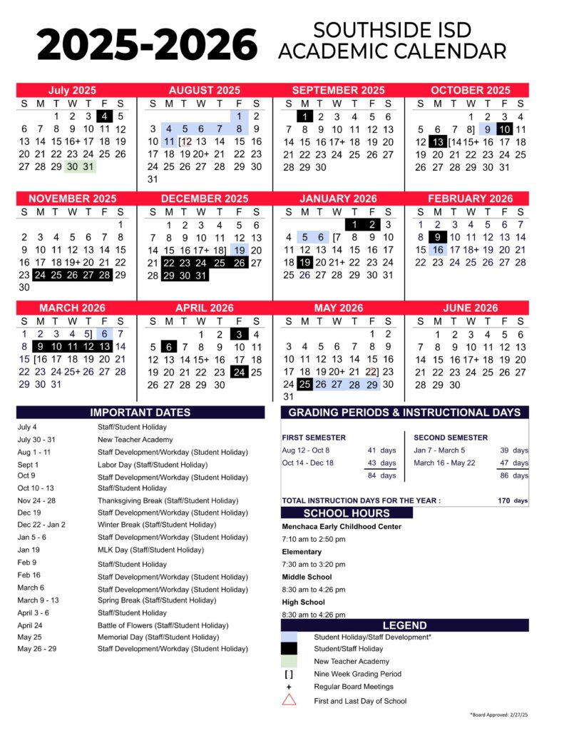 SOUTHSIDE ISD SCHOOL DISTRICT CALENDAR 25-26