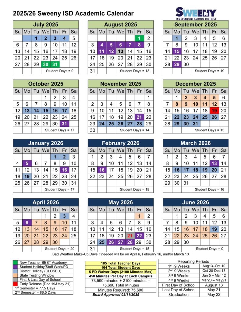 SWEENY ISD school calendar