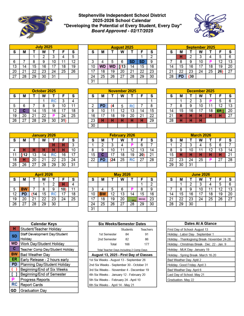 Stephenville ISD School Calendar 25-26