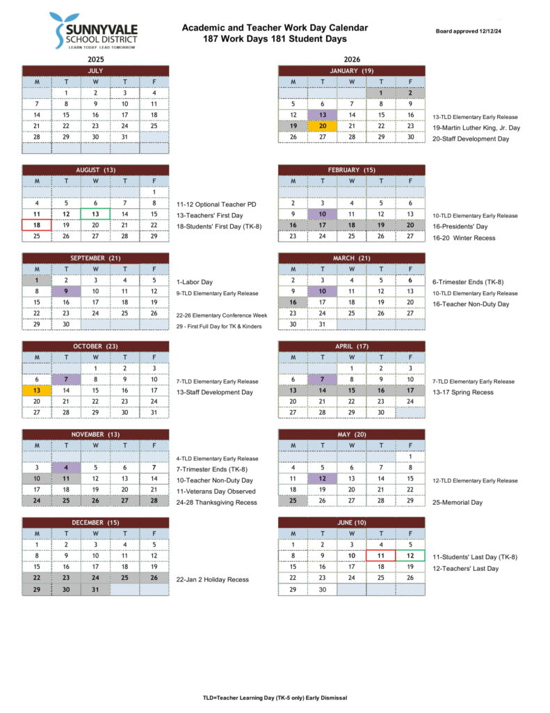 Sunnyvale School District Calendar 25-26