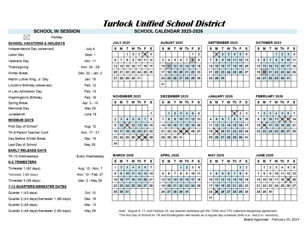 Turlock Unified School District Calendar 25-26