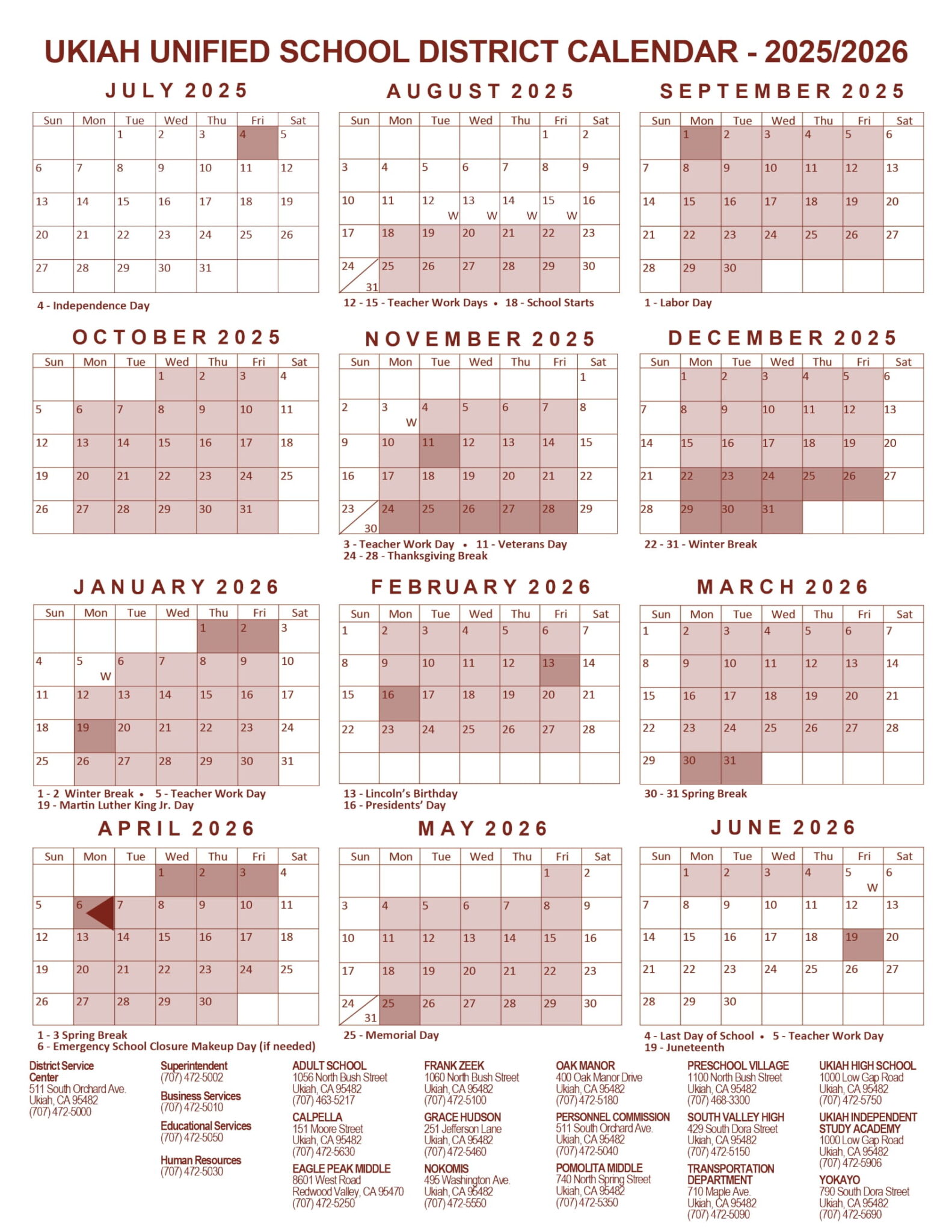 Ukiah Unified School District Calendar 25 26 pdf REVISED EduCounty