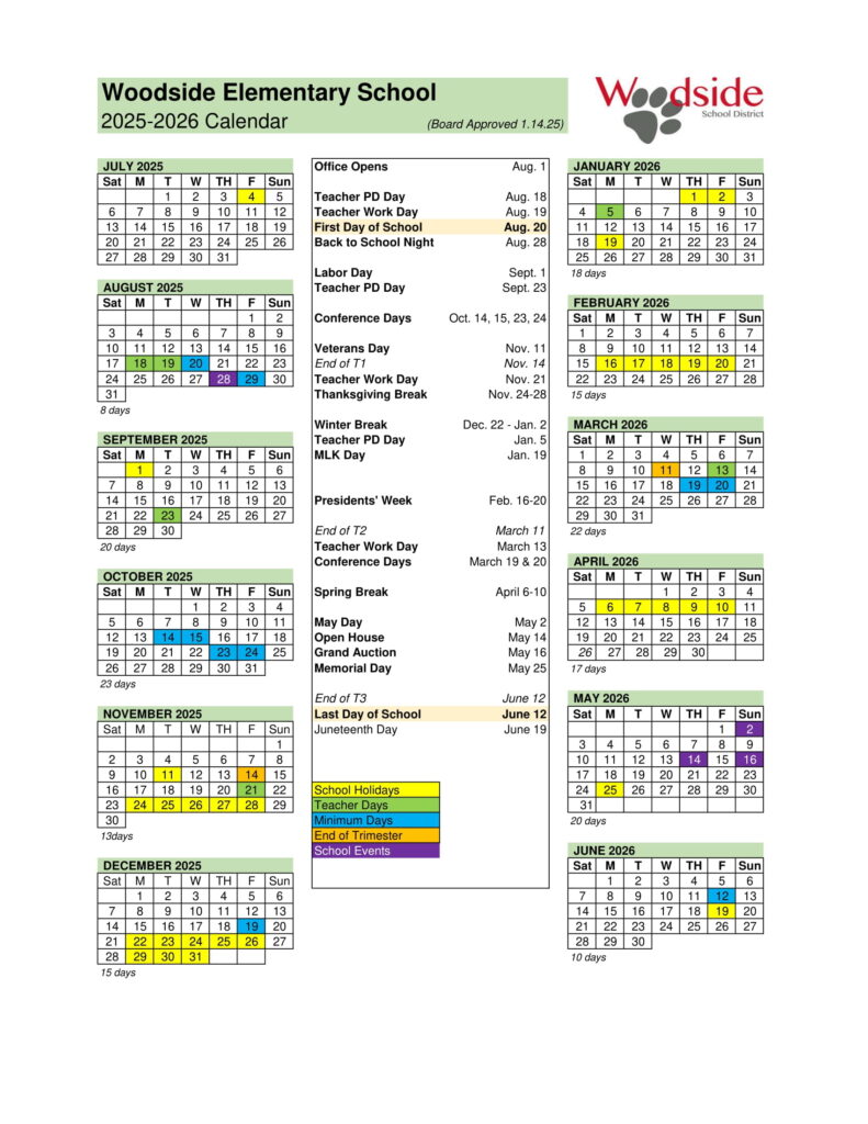Woodside Elementary School calendar 25-26