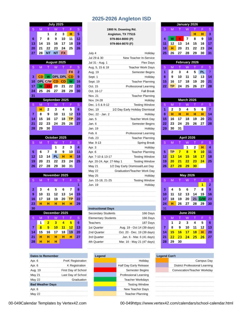 ANGLETON ISD SCHOOL CALENDAR 25-26