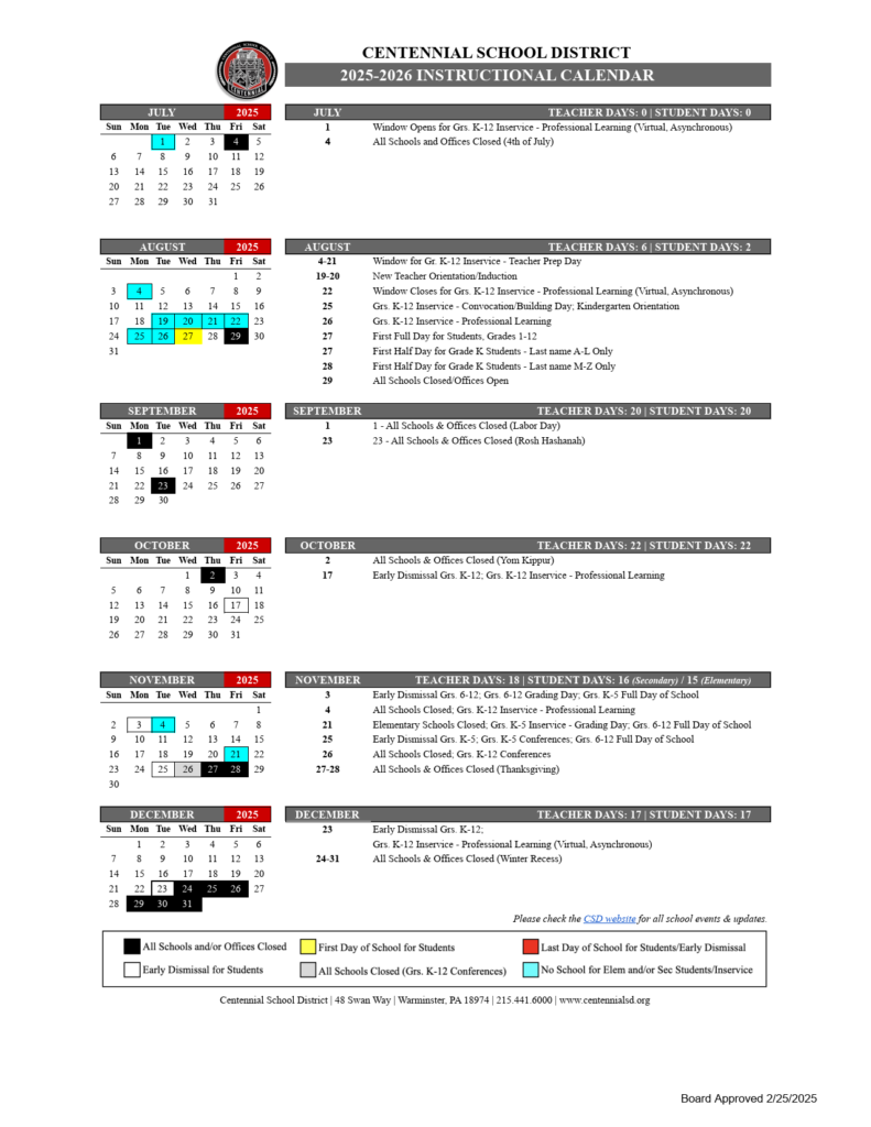 centennial school district calendar