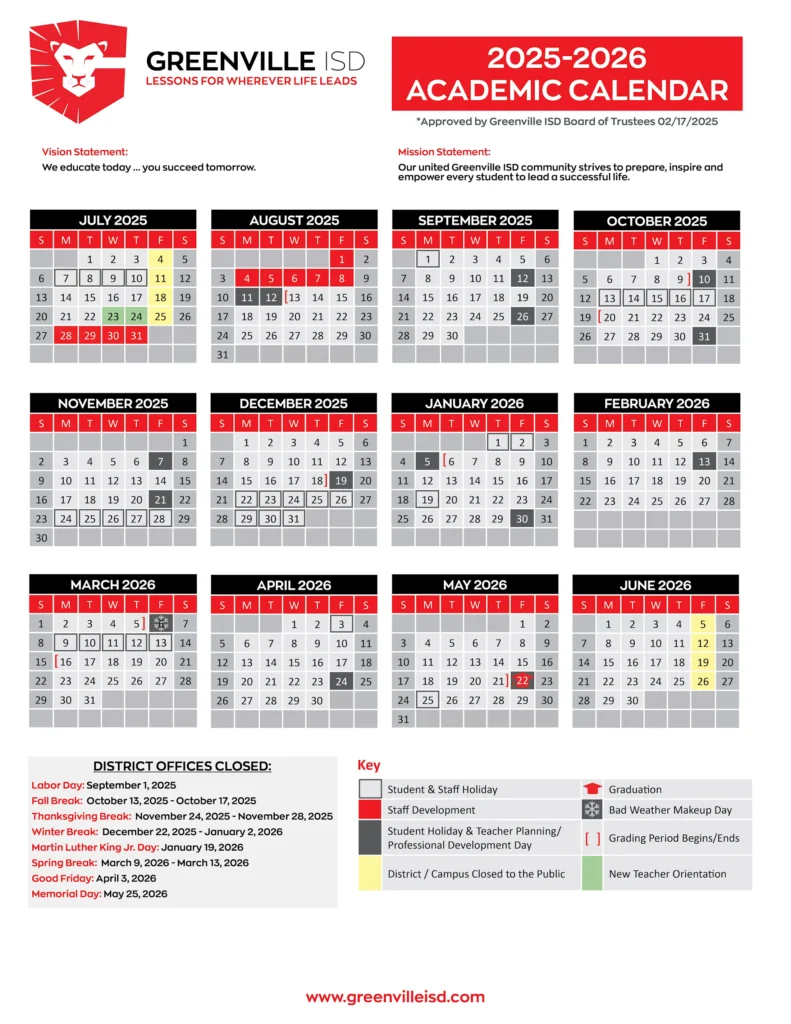 Greenville ISD School Calendar 25-26
