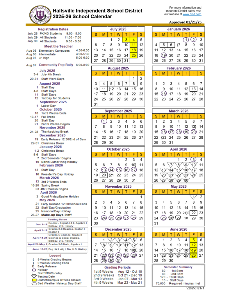 Hallsville HISD School Calendar 25-26