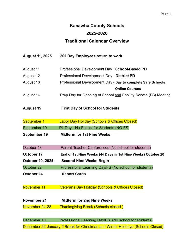 kanawha school calendar 25-26