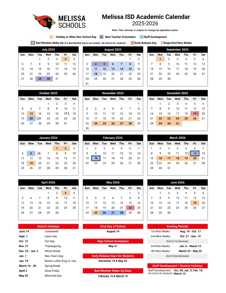 melissa isd schools calendar 25-26