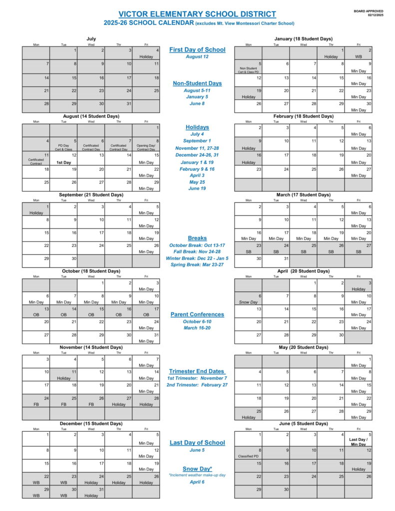 victor elementary school district calendar 25-26